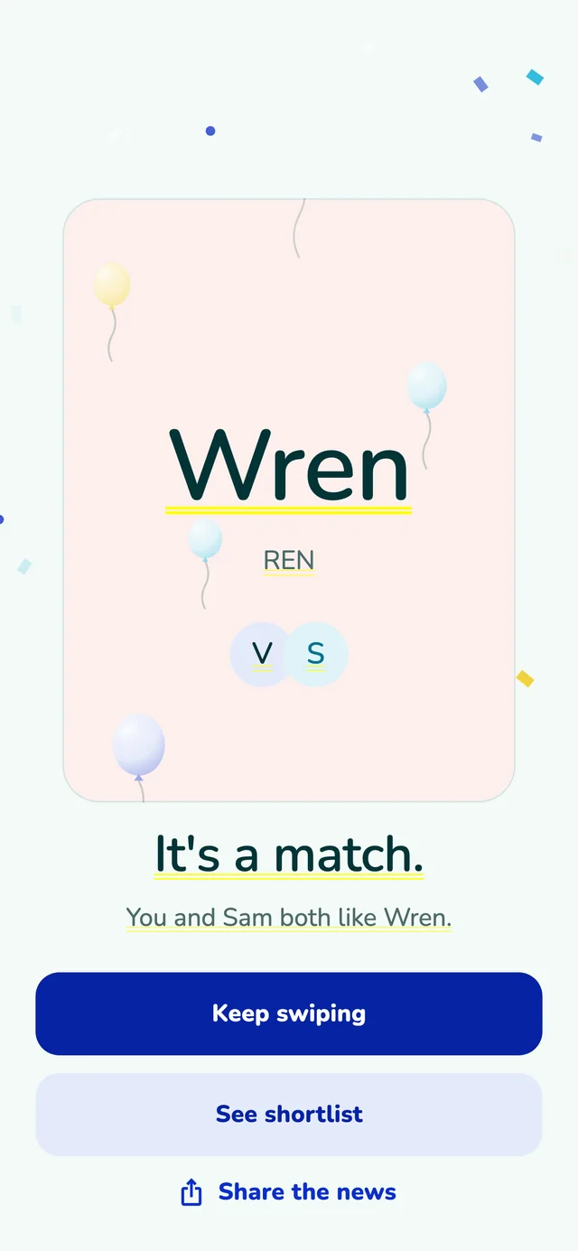 The match celebration screen — It's a match, you and Sam both like Wren — with confetti