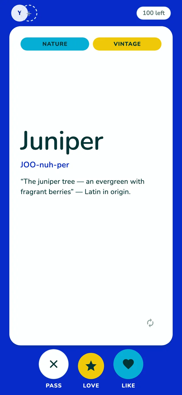 The Lastivka swipe deck showing the name Juniper with pronunciation and meaning